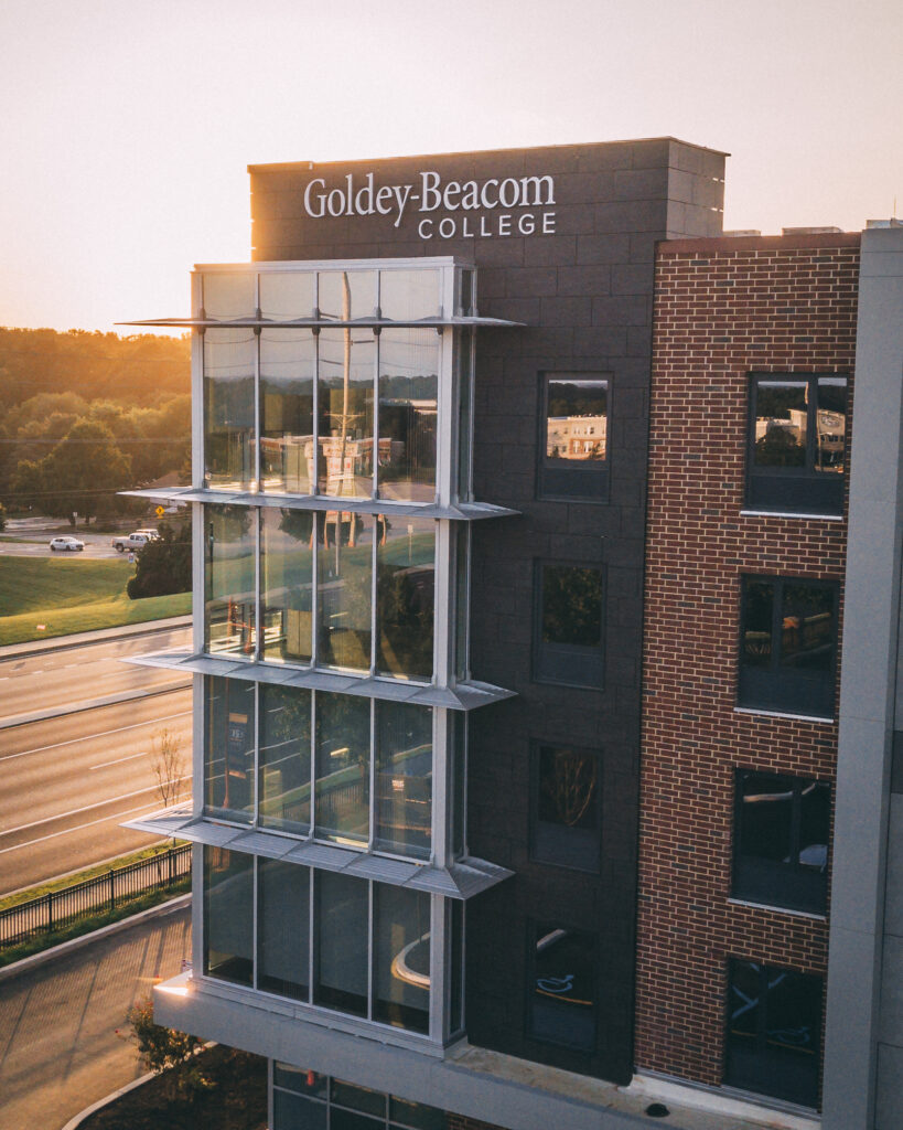 Drone photo of Franta Hall at sunset